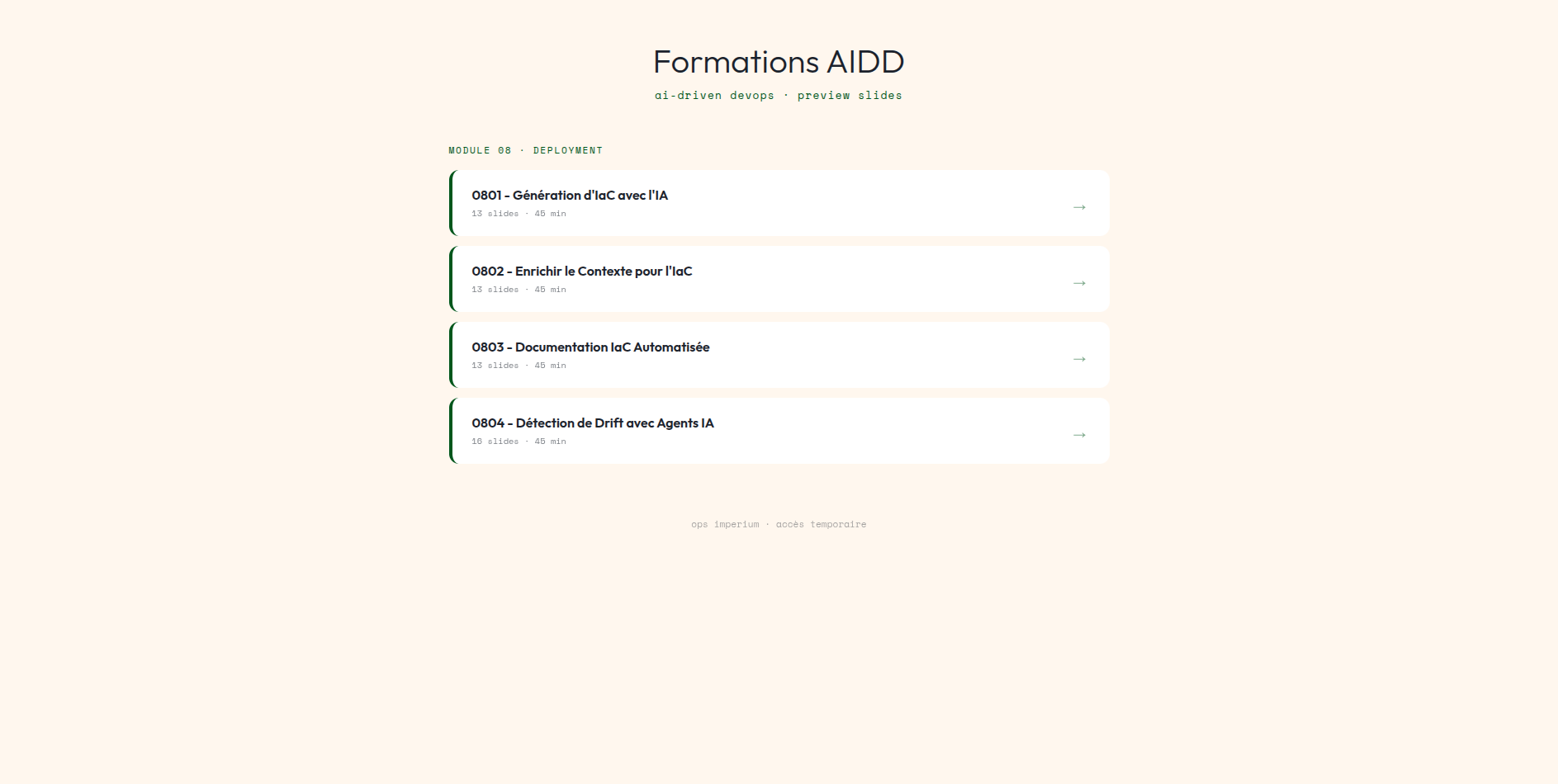 Capture d'ecran montrant la page index des formations apres authentification reussie