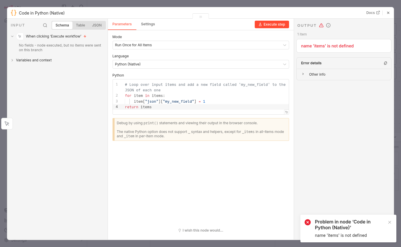 Capture d'écran de l'erreur items is not defined dans N8N 2.0