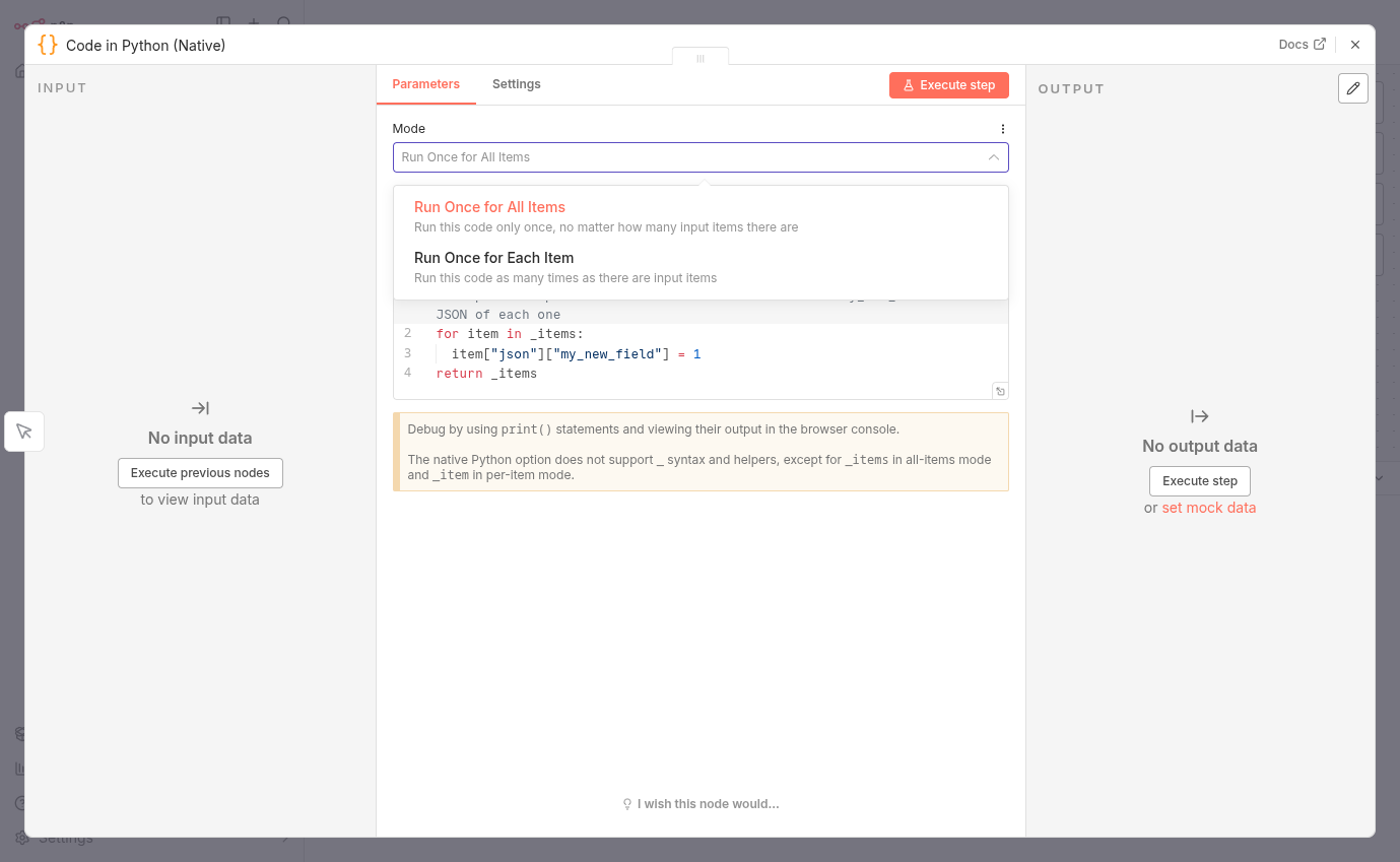 Sélecteur de mode dans N8N Code Node - Run Once for All Items ou Run Once for Each Item